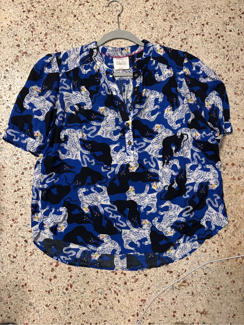 Anthropologie Emily Isabella Robina Cat & Dog Print Blouse XS